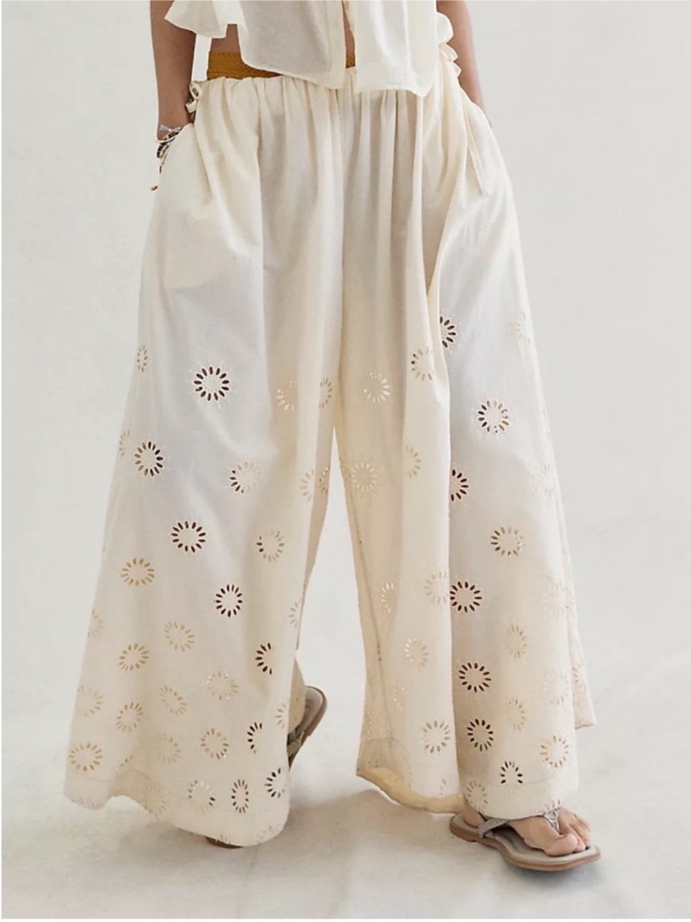 Free People Sweet Serenade Pull On Eyelet Wide Leg Cotton Floral Pants Sandshore